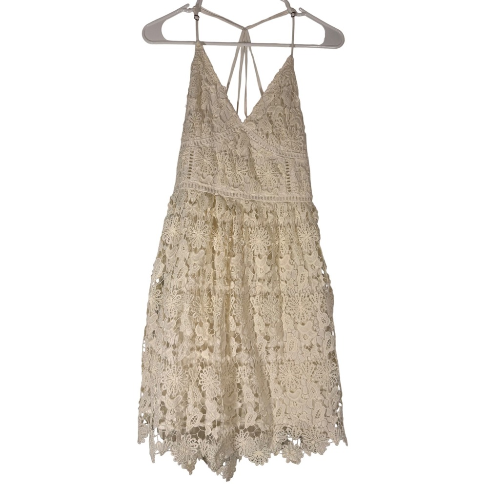 Hollister Floral Flirty Fairy Lace Strappy Back Mini Dress Cream Ivory Medium